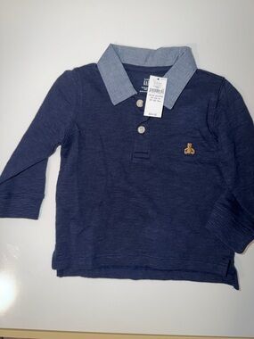 GAP Navy Long-Sleeve Polo with Chambray Collar